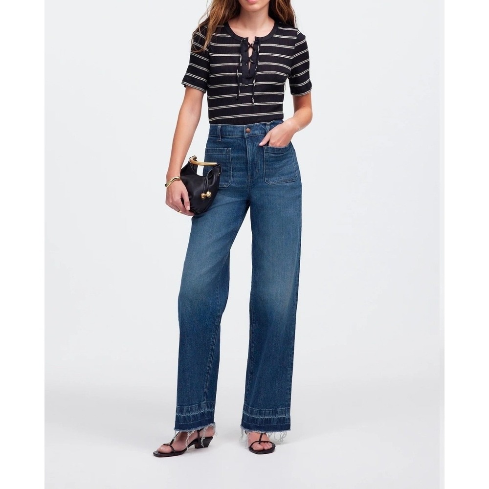 Madewell Women 33 Petite Blue Emmett Wide-Leg Jeans High Rise Raw Let Down Hem‎